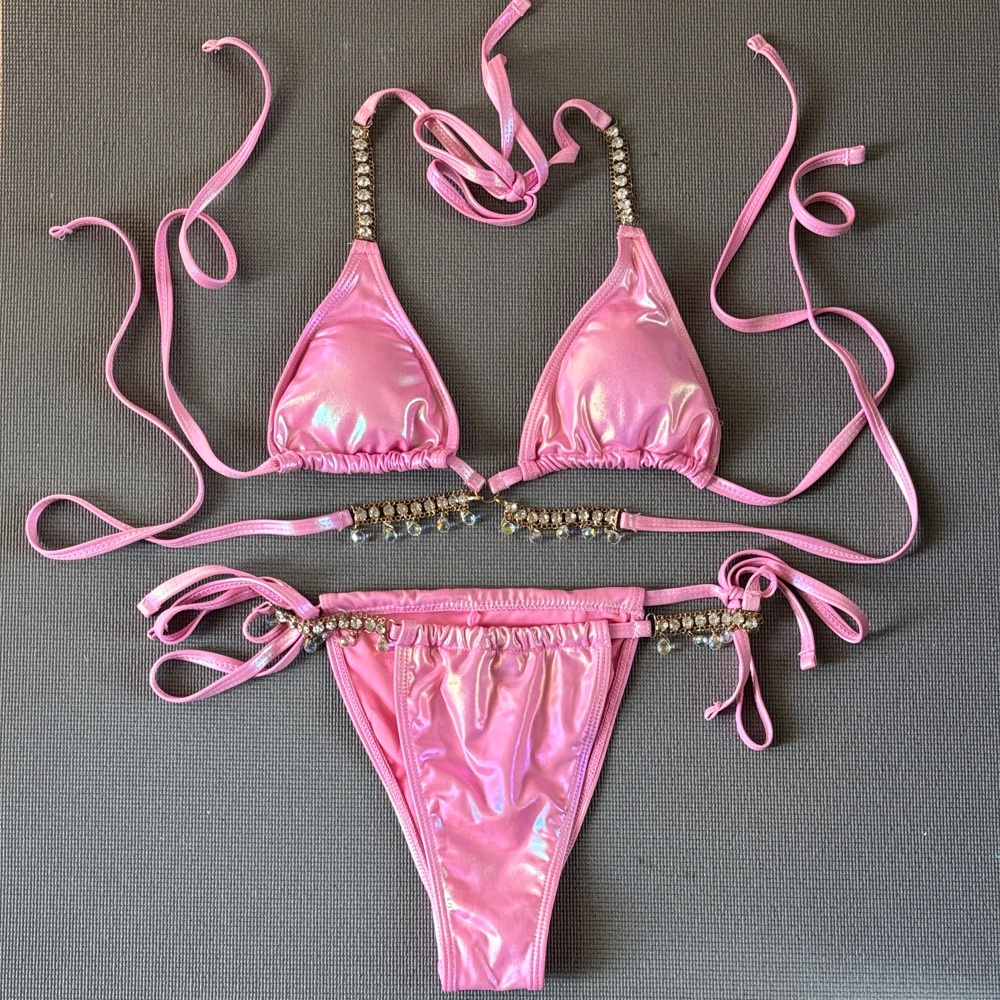 Never Worn Fashion Nova Shimmering Pink Bikini with Rhinestones